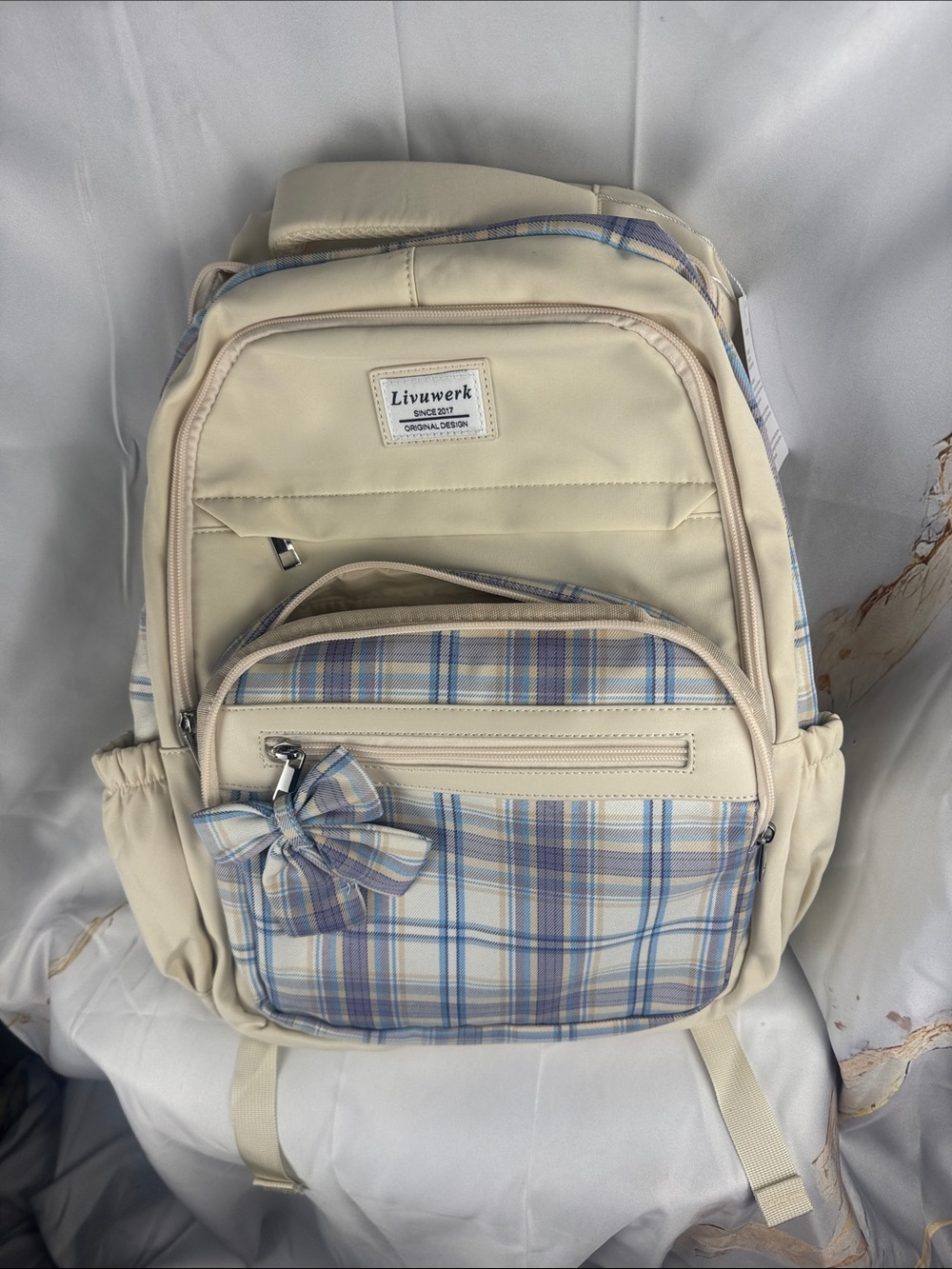 Cream & Blue Plaid Backpack